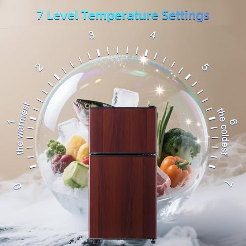 Image of Dorm Fridge with Freezer, Small Refrigerator 3.45 Cu. Ft. with Freezer for Apartment, 7-Level Temperature Adjustable Apartment Size Fridge for Kichen, College, Office, Wood