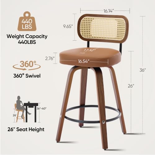 Image of Natural Rattan Bar Stools Set of 2,Upholstered PU Leather, 26'' Counter Height Barstools with Back and Wood Legs,360Swivel,Mid-Century Modern Bar Stool for Kitchen Island Dining Room and Bar(Brown)