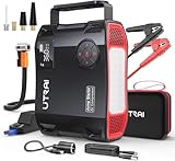 UTRAI 8000A Booster Batterie Voiture, 27000mAh Demarreur Batterie Voiture avec 1600 Lumens LED, Gonfleur, Sortie CC 160 W, 18W Charge Rapide, Jump Starter Portable (Tous Gaz ou 12L Diesel)