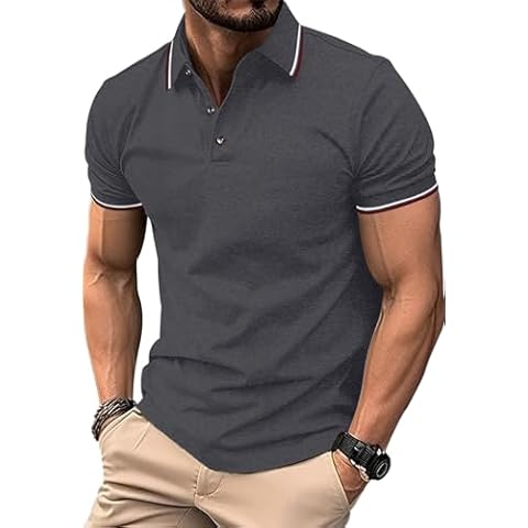 MLANM Men's Polo Shirt Short Sleeve Casual Slim-fit Basic Designed Cotton Shirts Large, Dark Grey Cover
