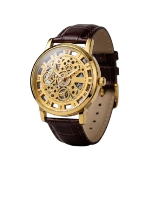 Image of Men's Skeleton Automatic Mechanical Watch - Gold Transparent Dial with Roman Numerals & Brown Crocodile Leather Strap Wrist Watch for Men