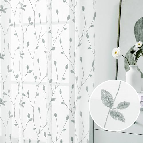 WUBODTI Grey Leaf Embroidered Sheer Curtain 63 Inch Length 2 Panels for Small Windows, Rod Pocket Grey and White Light Filtering Faux Linen Leaves Patterned Curtains for Bedroom Living Room - image 6