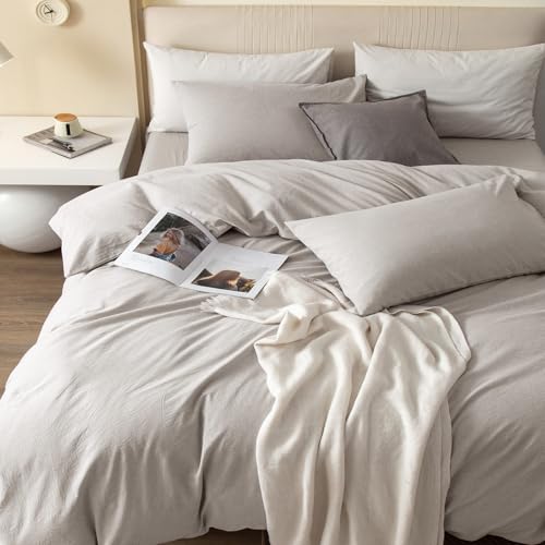 JIYUAN 100% Washed Cotton Duvet Cover Set 3 Pieces Cal King, 1 Duvet Cover 104x98 Inches(Comforter Not Included) and 2 Pillowcases,Linen Feel Bedding Set Comfy and Breathable, Heathered Cream Grey