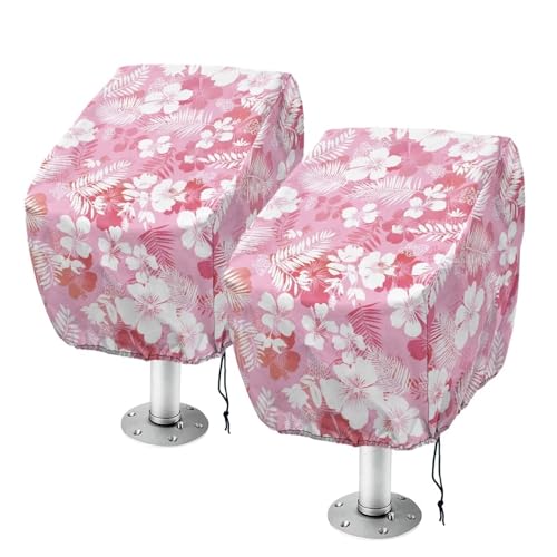 Boatee Pink Hibiscus Boat Bench Chair Cover 2Pcs Waterproof Pontoon Seat Covers Windproof Boat Seat Cover with Drawstring Helm Chair Protective Covers for Outdoor Yacht Ship Fishing Red