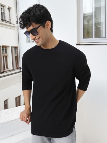 Image of Urbano Fashion Men's Textured Round Neck Oversized Full Sleeve Cotton T-Shirt