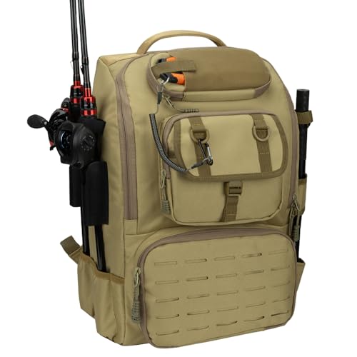 onedayHI Fishing Backpack with Rod Holders,40L Large Water-Resistant Fishing Tackle Bag with Cooler,Tackle Box Backpack,Khaki