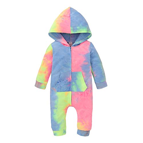 BOUTIKOME Infant Baby Girl Tie Dye Hoodie Romper Fall Winter Zipper Jumpsuit Clothes Outfit Long Sleeve Pajamas Bodysuit (Tie Dye-Pink Blue, 18-24M)