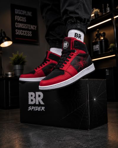 BROOMI High-Top Sneakers with Spider Web Print, Lace-Up RED_BLACK - Image 7