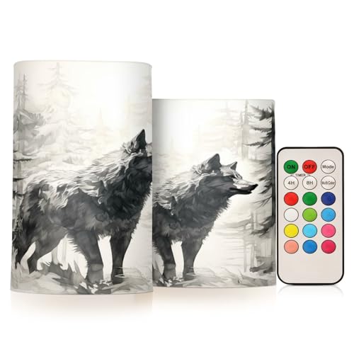 ALAZA Wolf (22) Flickering Flameless Candles Battery Operated with Remote Timer,Tea Light Candles LED Pillar Votive Candles Set of 2 for Outdoor Indoor Decorations