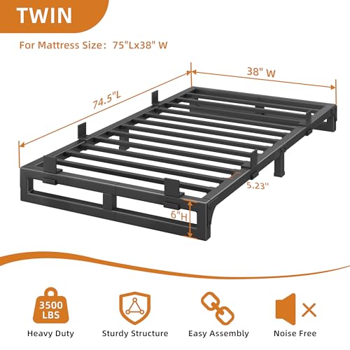 Image of 6 Inch Metal Twin Bed Frames with Stable Steel Support, Noise-Free | Easy Assembly, Underbed Storage, U-Shaped Groove, 6 Mattress Baffles, No Box Spring Needed, Rubber Pads, Squeak Free, Black