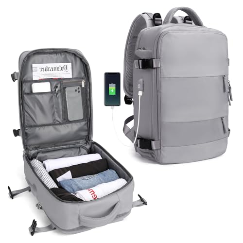 SZLX Großer Reiserucksack Damen, Handgepäck Rucksack,Wanderrucksack Wasserdichter Outdoor-Sportrucksack Lässiger Tagesrucksack Schultasche Fit 14 Zoll Laptop mit Schuhfach und Laptopfach,Grau