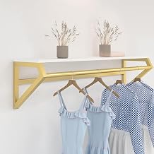 Clothes Rack with Top Shelf Wall Mounted Garment Rack Clothing Rack with Hanging Rod,Retail Clothes Display Store Floating Shelf Racks Organizer Hanger Metal Sturdy Multi-functional Bedroom RackGold,
