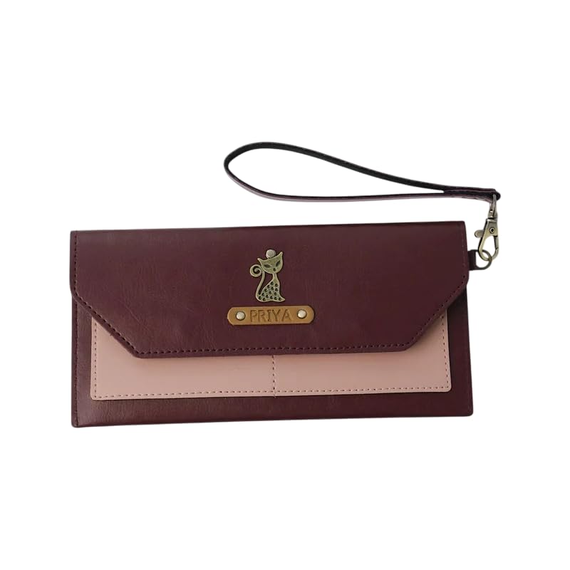 TRAVELSLEEK Personalised Vegan Leather Wallet with Customised Name and Charm for Ladies | Customized Wallet Purse with Name and Charm | Stylish Dual Tone Clutch for Ladies | Customized Gift for Women