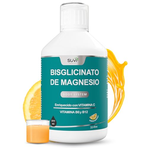 Magnesio Glicinato (Magnesium Glycinate) con Vitamina C, B6 y B12 - Bisciglinato de Magnesio Alta Absorción 100% VRN - Reduce Cansancio, Fortalece Huesos y Sistema Nervioso - 500ml (33 días)