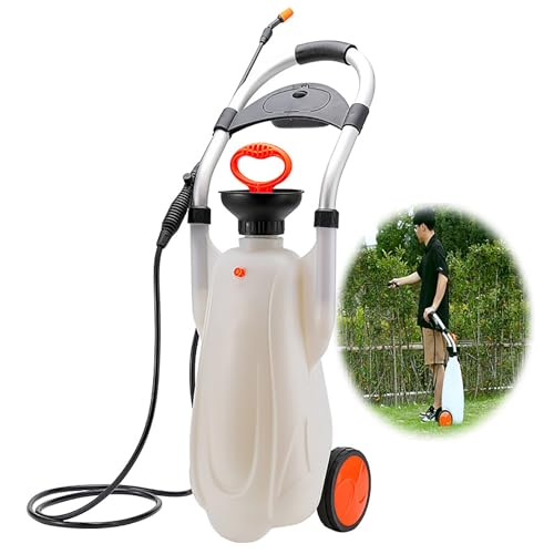 Pulverizador de jardín con ruedas de 16 L con bomba de presión, boquilla ajustable, polea integrada para un fácil transporte, indicador de nivel para plantas en maceta y tareas de limpieza