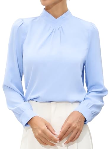 Allegra K Blusa de Oficina para Mujer Estilo Casual de Negocios con Cuello Alto Plisado y Manga Larga Abullonada Azul Claro S