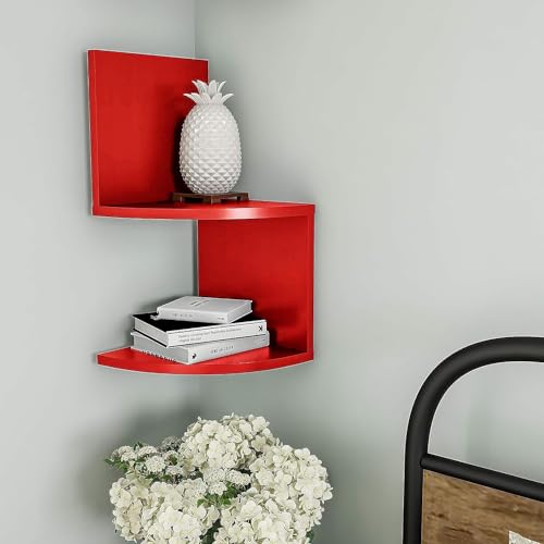 Image of Wall Mount Corner Shelves with Two Tiers for Wall Decoration and Storage Organiser Rack for Living Room, Bedroom, and Office Decor - Made of Wood (red)