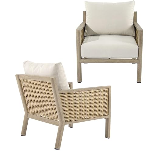 DRW Sofa-Set, Couchtisch und 2 Sessel aus Aluminium und Rattan in Beige und Natur, Sessel 75 x 85 x 75 cm, Sofa: 165 x 85 x 75 cm, Tisch: 90 x 60 x 44 cm