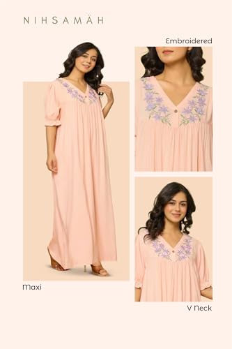 Image of NIHSAMAH Viscose Nighty for Women, Embroidered & Printed Stylish Night Gown, Long Sleeve Comfortable Sleepwear Long Nightwear, Maxi