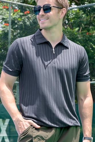 Men's Polo Shirts Short Sleeve T Shirts Ribbed Knit Zipper Polo Shirts Fashion Casual Golf Tee2