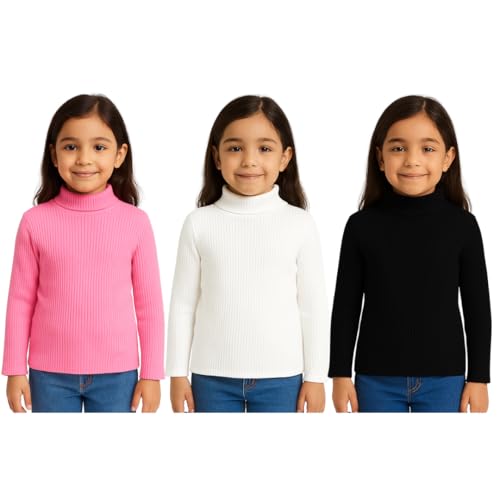 Image of Girls Winter High Neck Sweater Pack of 3 - Full Sleeve Ribbed Pullover for Kids | Warm & Stretchable Turtleneck Tops