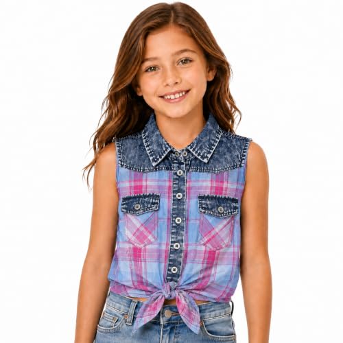 Bienzoe Girls Crop Tank Tops: Cowgirl Plaid Sleeveless Button Down Western Casual Blouse Red 16