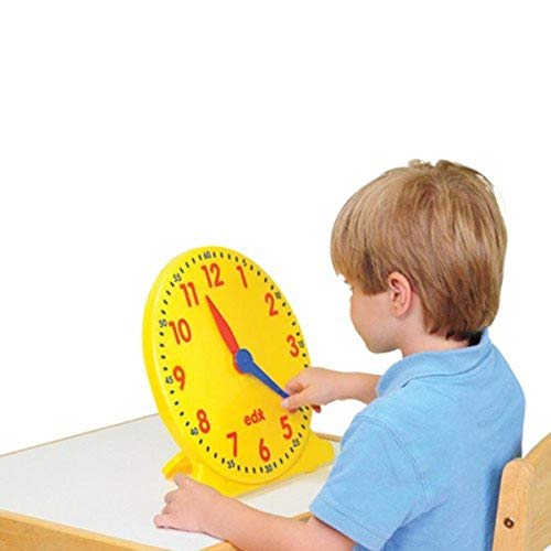 Image of Constructive Playthings 12 in. Geared Learning Clock with Large 12-Hour Markings, Yellow, Blue and Red Colors, Plastic Teaching Clock for Classrooms, Teacher Supplies, Ages 5 Years and Up, 1-Pack