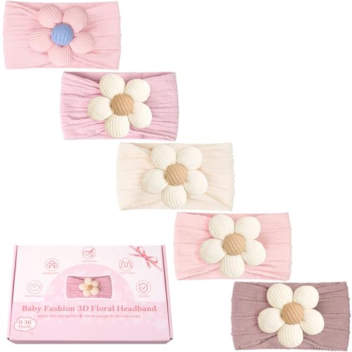 Image of CÉLLOT 5 Pcs Baby Flower Headbands Baby Girls Nylon Headbands Soft Hairbands Hair Accessories for Newborn Infant Toddler Kids（Pink）