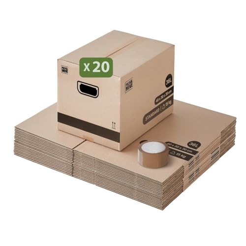 Pack and Move - Lot 20 cartons déménagement stockage livres - 40 x 30 x 30 cm - Poignée renforcées - 1 adhésif offert