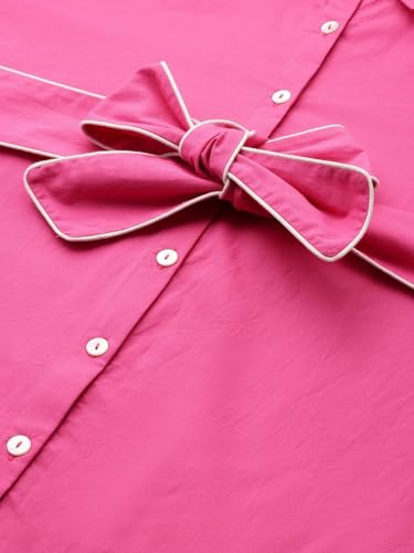 Image of Amazon Brand - INKAST Women Embroidery 3 /4th Sleeve Solid Pink Button Down Midi Dress with Belt | Casual One Piece | Summer Outfit | Collared Neck | 100% Cotton