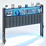 VINGLI King Size Headboard Only, Adjustable Upholstered Headboard with 2 Tier Shelves and Pegboard with Charging Stations and LED Lights, Modern Bed Headboard with Storage for Bedroom Decor