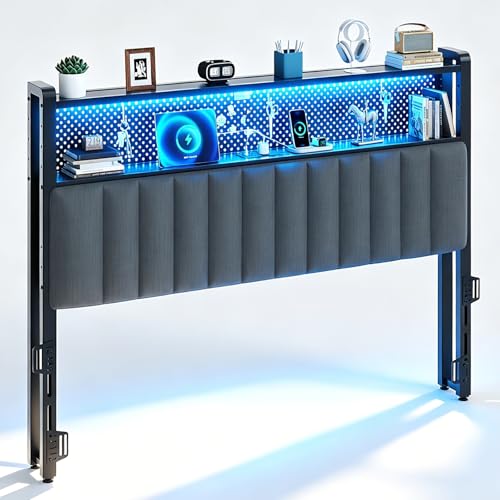 Image of VINGLI Full Size Headboard with 2 Shelves, Adjustable Upholstered Headboard with Pegboard, Charging Stations and LED Lights, Modern Bed Headboard with Storage for Bedroom Decor, Dark Gray