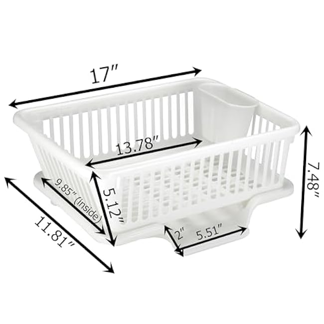 Heavy Duty 2-Piece Plastic Dish Drying Rack Set in White - Includes Large Dish Drainer, Attached Drainboard, and Utensil Cup Holders for Home Kitchen Countertop Organization