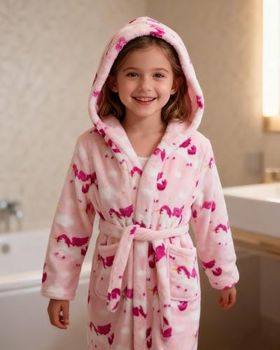 Image of Girls Fleece Hooded Robes, Warm Printed Bath Robe for Kids Soft Fuzzy Bathrobe for Gifts