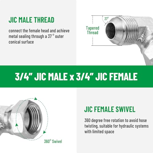 Image of 5 Pack 90 Degree Elbow JIC 37 Hydraulic Fittings: 3 /4 inch JIC Male x 3 /4 inch JIC Female, with Protection Cover Hydraulic Hose Swivel Crimp Fittings | 5 Pack Carbon Steel Hydraulic Hose Swivel Crimp Adapters with Protective Cover for Hydraulic Assembly System - 6500-12-12