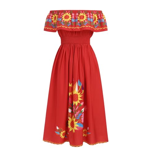 Image of ABEHIK Mexican Dresses for Women Traditional Off Shoulder Summer Floral Sunflower Fiesta Long Maxi Dress Cinco de Mayo Outfit