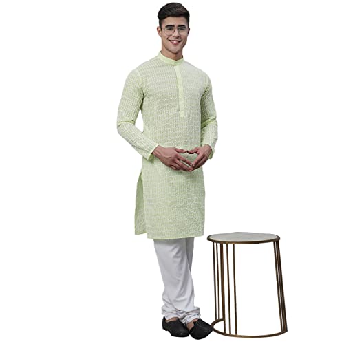 Image of SOJANYA (Since 1958 Men's Pure Cotton Blue Kurta with White Embroidery and White Pyjama Set