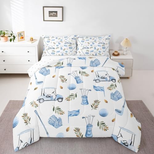 Image of Feelyou Golf Comforter Set King Size Leaves Bedding Set for Kids Boys Girls Sports Golfing Theme Duvet Quilt Bedroom Decor Microfiber 3 Pcs with 2 Pillow Cases