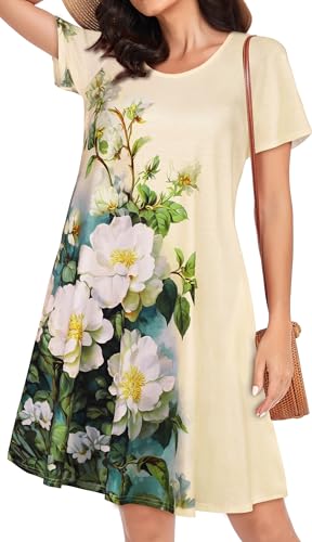Image of Womens Summer Dresses Beach Casual Loose Tshirt Floral Short Sleeve Flowy Pockets Sundresses 2026