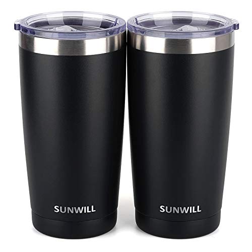 Image of SUNWILL Travel Coffee Mug with Lid, 20 oz Tumbler Set of 2, Insulated Stainless Steel Cup for Water, Tea, Ice, Powder Coated Black 2 pack