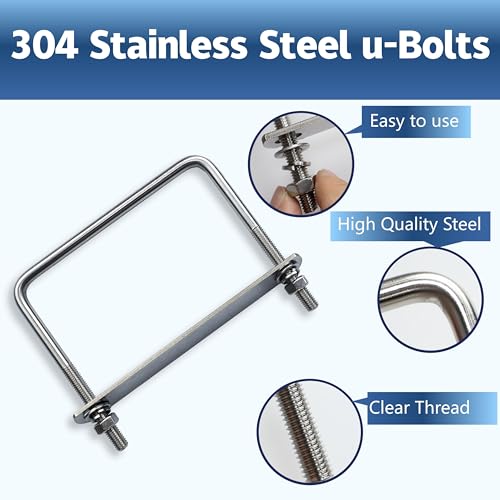 Image of 4 Pcs M10 Square U Bolts 6 Inch Wide, 3 /8 inch x 6 inchW x 5-1 /8 inchL