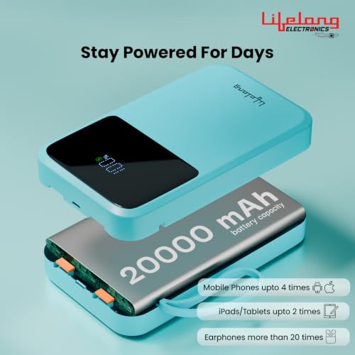 Image of Lifelong Electronics 20000mAh 22.5W Fast Charging Power Bank | 3 Inputs (1 Built-in USB A Cable + 1 C + 1 Lightning Port) & 6 Outputs (3 Built-in Cables + 1 C + 2 A Port) | Small Pocket Size Powerbank