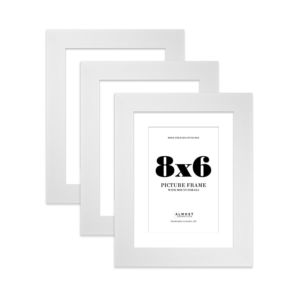 8x6" White Frame With Mount for 6x4" Pictures 28mm Edge Portrait and Landscape Display with Wall Hooks and Kickstand, 3 Pack