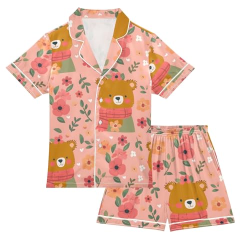 ALAZA Bear with Flower Floral Pajamas Satin Pajama Set Short Sleeve Button Down Sleepwear