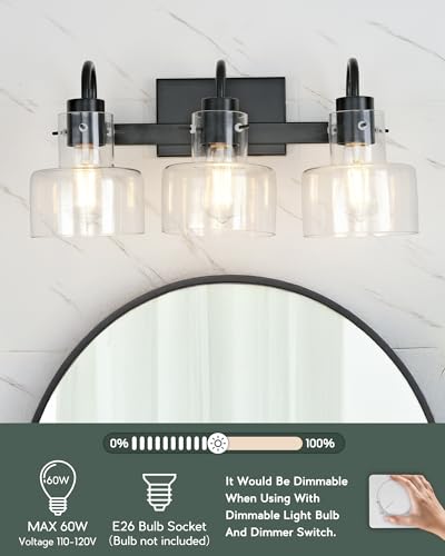 Image of Bathroom Light Fixtures, 3-Light Matte Black Vanity Lights with Clear Glass Shade, 20 Inch Vintage Vanity Lighting Fixtures Over Mirror, VL124-MB-3