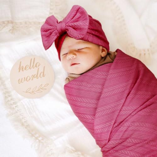 Image of AQOKKA Newborn Receiving Blanket with Bow Hat Headband Wooden Card Set Wheat-Pattern Newborns Toddler Baby Boy Girl Nursery Swaddle Wrap