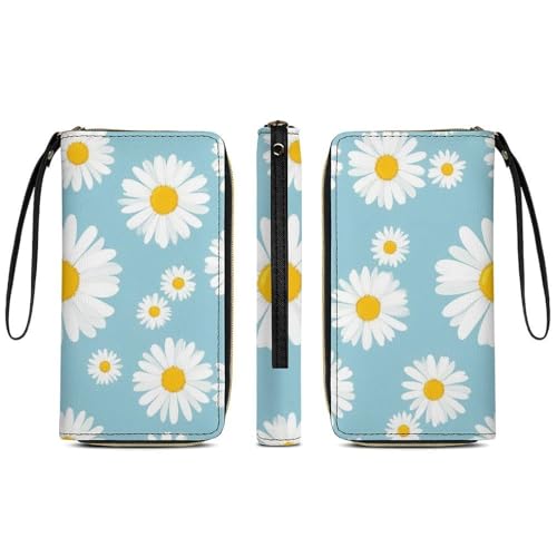 Women's Cute Decor Long PU Zipper Wallet, Travel Purse Fashion Design, Huge Storage Capacity Purse With Rope Sky Blue Daisy Flowers3