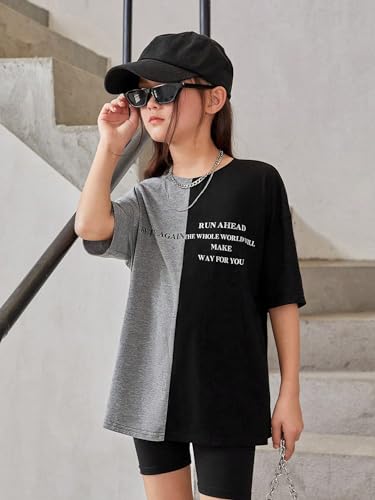 Image of OYOANGLE Girl's Graphic Print Colorblock Half Sleeve Round Neck Shirt Tops Summer Casual Loose Tee Shirts