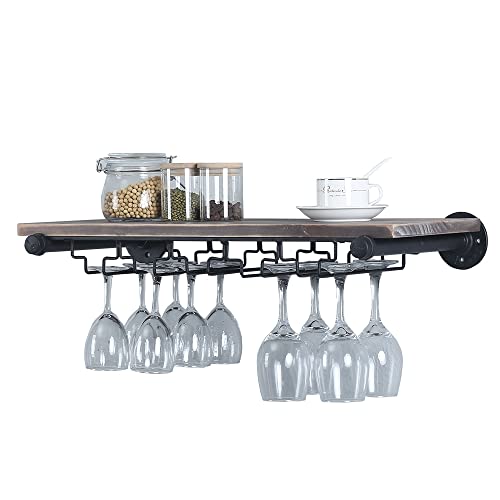 OLDRAINBOW Industrial Wine Rack Wall Mounted with 5 Glass Holder,Wine Glass Rack Floating Wine Glass Shelf,24in Pipe Shelving Hanging Wood Shelves