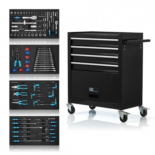 NTG WERKZEUGWAGEN GEFÜLLT MIT Werkzeug – Werkstattwagen mit 70-teiligem Werkzeug Set, 4 Schubladen & großem Fach – Kugelgelagerte Schubladen, Transportsicherung, Rollen und Feststellbremse – Schwarz